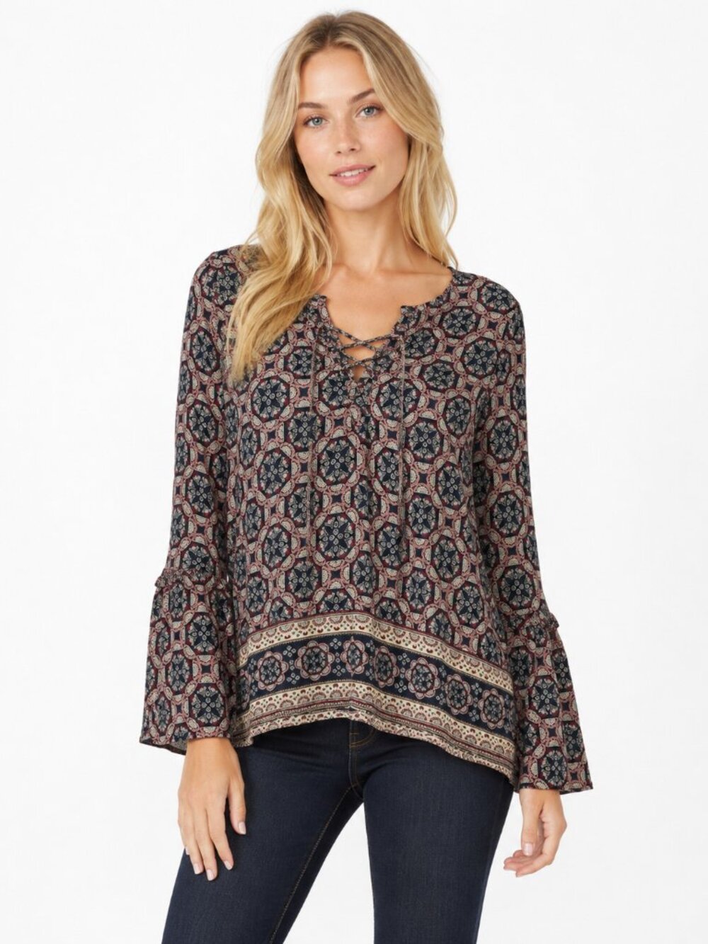 Abercrombie & Fitch Boho Paisley Lace Up Bell Sleeve Blouse Size S